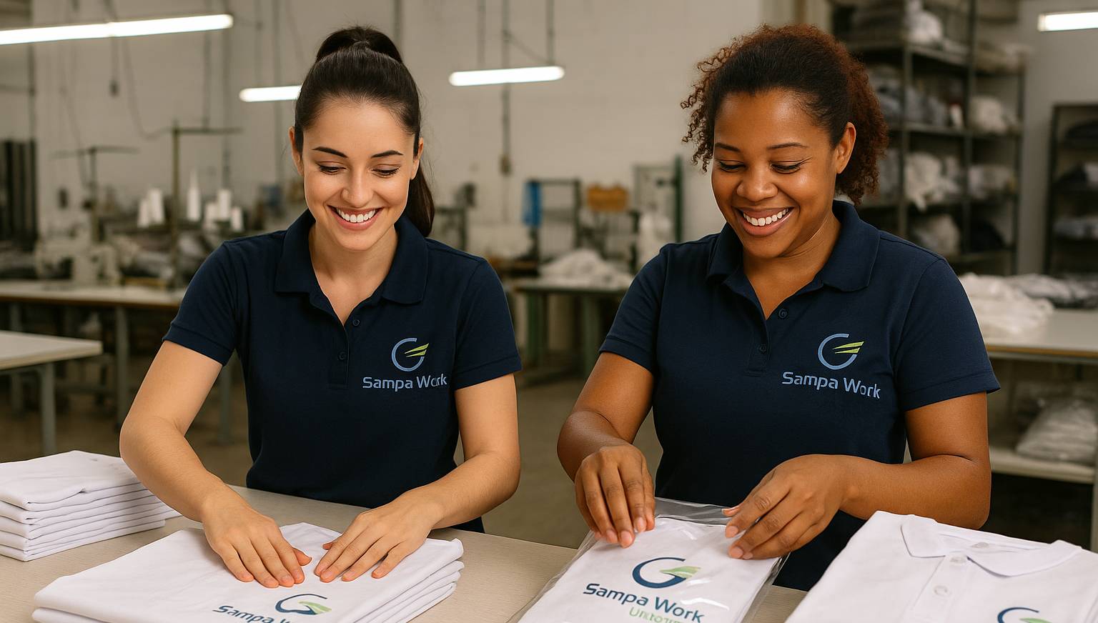 Duas colaboradoras preparando as peças para o transporte